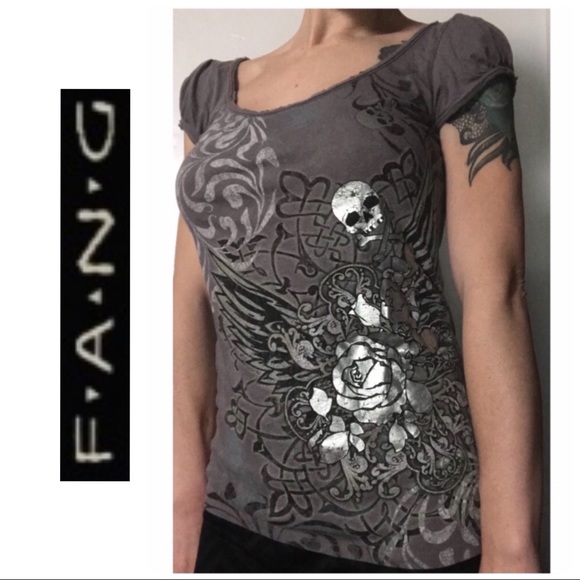 FANG Tops - Gray Silver Skull Rose Print Ruched T-Shirt Top XL
